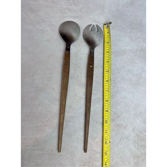 Vintage 1970s Stainless Steel Salad Fork Spoon Wood Handle Mid Century Modern Ja - Picture 5 of 5